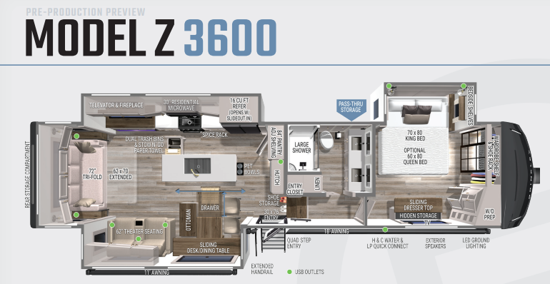 Floor plan layout of the Brinkley Model Z 3600 fifth wheel showing a spacious living area with theater seating and tri-fold sofa, residential kitchen with island, large shower bathroom, and king bedroom with ample storage.