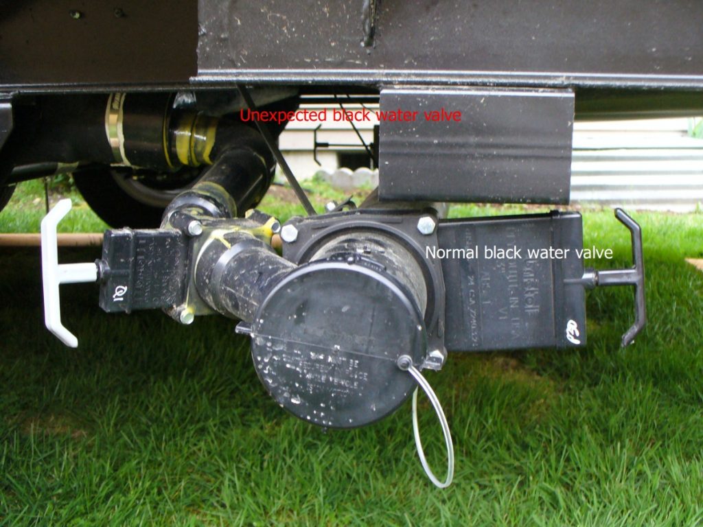 RV black tank dump valves and sewer connection under the camper, showing normal and secondary black water valves used for RV waste management.