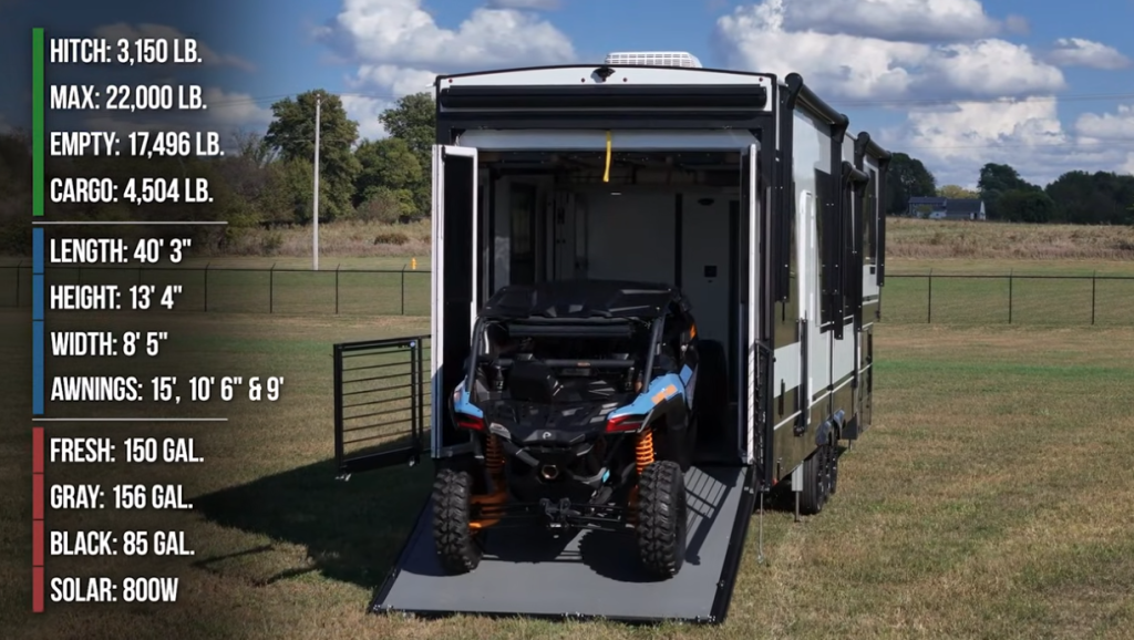 Toy hauler RV with rear ramp door open, showcasing a side-by-side UTV loaded inside the garage, with full weight, tank, and dimension specs displayed on the left side of the image.