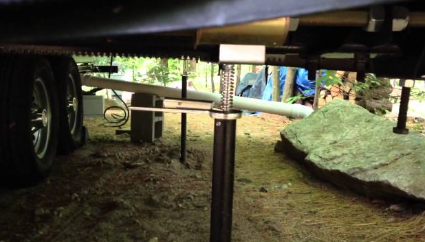 RV underbelly showing stabilizer jacks and wastewater drain pipes during campground setup, illustrating RV leveling and sewer connection components.