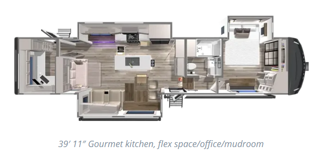 39'11” fifth wheel RV floorplan featuring a gourmet kitchen with center island, rear living area, flex space office or mudroom, full bathroom, and front bedroom suite.