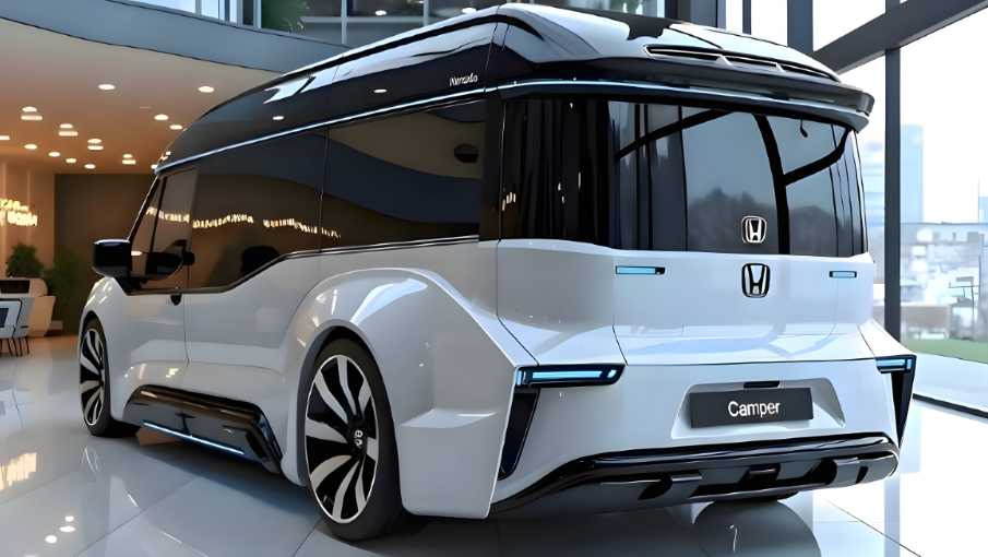 Futuristic Honda camper van concept with sleek electric design displayed in a modern showroom, showcasing the future of compact RV and camper van travel.