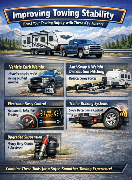 Infographic illustrating key factors that improve RV towing stability, including vehicle curb weight, anti-sway and weight distribution hitching, electronic sway control, trailer braking systems, and upgraded suspension for safer towing.