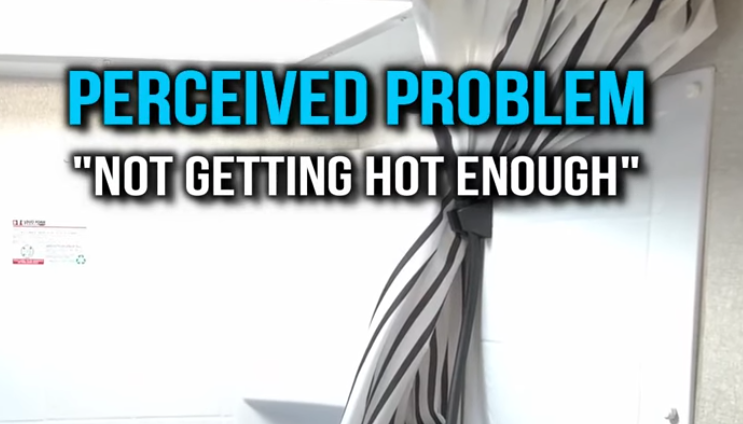 RV tankless water heater perceived problem graphic showing text “Not getting hot enough” inside an RV bathroom