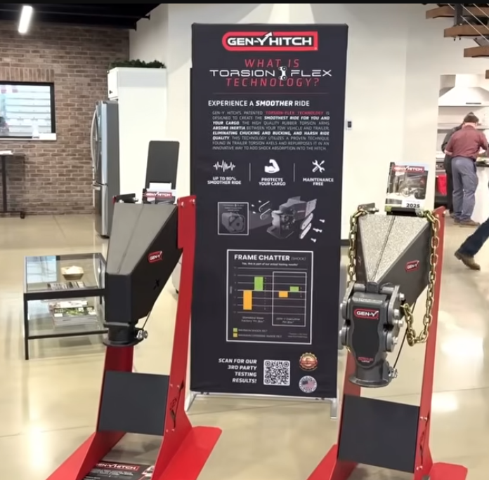 Gen-Y Hitch Torsion-Flex technology display showing RV pin box and hitch with frame chatter testing results