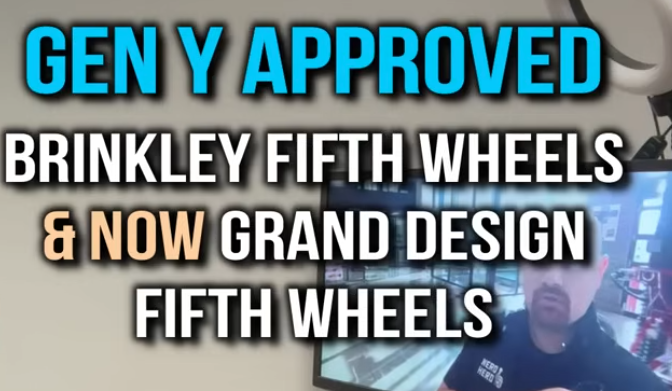 Gen-Y approved Brinkley and Grand Design fifth wheels announcement graphic with text overlay