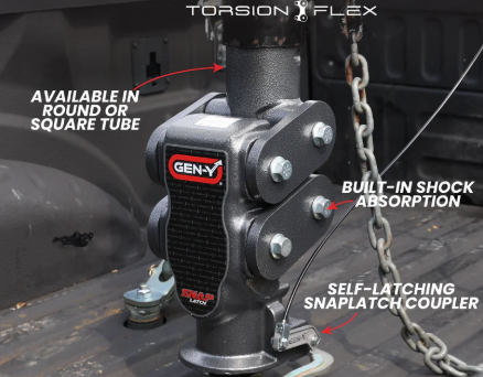 Gen-Y Torsion-Flex RV hitch with built-in shock absorption and self-latching SnapLatch coupler mounted in a truck bed