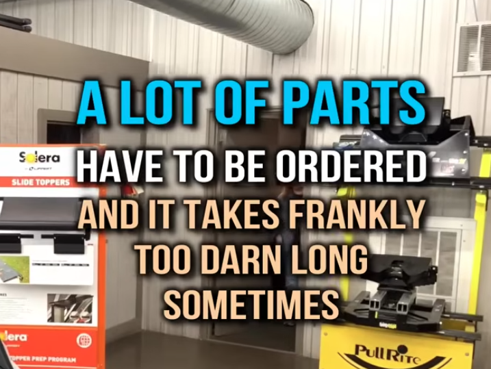 RV service department graphic with text explaining that many RV parts must be ordered and repairs can take a long time