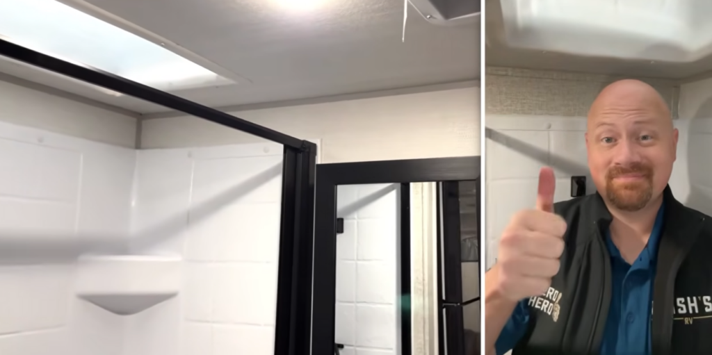 RV bathroom shower with skylight for extra headroom and glass shower door