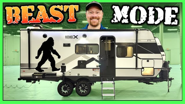 Forest River Ibex travel trailer with Beast Mode off-road feature graphic and presenter banner