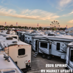 Rows of travel trailers at RV show with 2026 Spring RV Market Update text