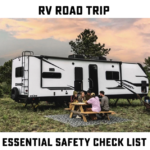 RV road trip safety checklist graphic featuring a travel trailer at a scenic campsite with a family gathered around a picnic table, highlighting essential pre-trip RV safety checks.