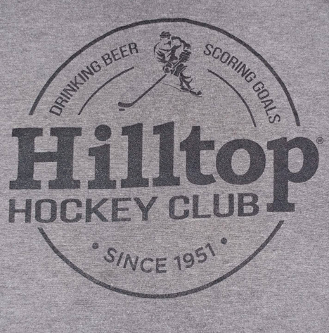 Funny Hilltop Hockey Club T-shirt celebrating the team's love of beer, goals, and having fun together.