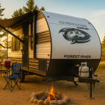 A Forest River Cherokee Wolf Pup travel trailer parked at a sandy Michigan campsite with its awning extended. Two blue camping chairs, a picnic table with a lantern and cooler, a child’s bike, and a stone-ringed campfire complete the cozy morning scene. Tall pine trees and sand dunes rise in the background under soft sunlight.