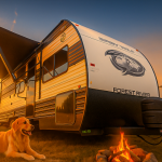 Golden retriever lounging under the Grey Wolf 26DBH awning at sunrise, paws stretched toward a campfire.