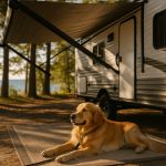 Dog on leash lounging under an RV awning at a shaded campsite near Lake Michigan.