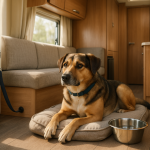 Dog resting on a travel bed inside an RV, leash clipped to a frame latch, water bowl nearby.