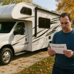 Owner standing beside an RV in a Michigan driveway holding a recall notice letter, fall leaves in background.