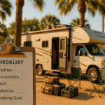 RV parked at a sunny palm tree campground with a checklist in the foreground showing essential snowbird packing items like clothes, documents, and cooking gear.