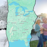 Split image of RV travel from snowy Michigan campground to sunny southern campsite with couple enjoying warm weather, symbolizing the snowbird journey.