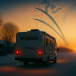 Motorhome leaving snowy Michigan neighborhood at sunrise with map arrows pointing south toward warmer states, symbolizing snowbird RV travel.
