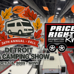 36th Annual Fall Detroit RV & Camping Show banner featuring the Price Right RV logo, autumn leaves, and RVs displayed inside the Suburban Collection Showplace in Novi, Michigan.