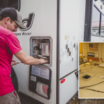 Price Right RV technician winterizing a travel trailer with antifreeze service and roof inspection in Michigan