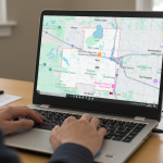 Person using a laptop displaying a map of Novi, Michigan, highlighting roads and landmarks near the Detroit RV & Camping Show location.