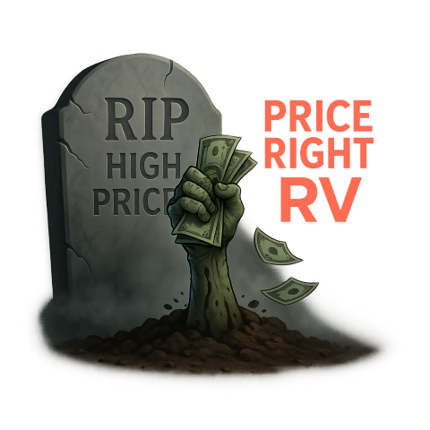 Zombie hand rising with cash beside a headstone reading RIP HIGH PRICES, Price Right RV neon glow.