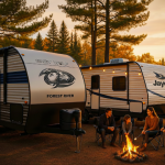 Forest River Cherokee Grey Wolf and Jayco Jay Flight travel trailers side by side at a Michigan lakeside campground during sunset, with families around a campfire.