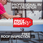 Price Right RV promotional image showing professional RV winterization and free roof inspection offer for Michigan customers