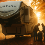 Couple preparing their Keystone Montana fifth wheel for winter travel under colorful autumn trees in Michigan.