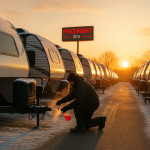 Service technician winterizing a used RV at a Michigan dealership lot with rows of RVs and light snow.