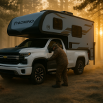 Hunter loading gear into a Palomino truck camper at a Michigan forest campsite during deer season.
