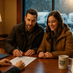 Couple signing RV financing paperwork at a Michigan dealership with light snow outside.