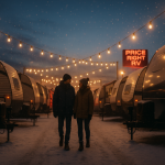 Couple browsing RVs on a Michigan lot at dusk with snow on the ground during off-season sale.