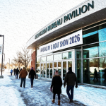A cinematic wide shot of the MSU Farm Bureau Pavilion during winter, with crowds walking toward an RV and boat show entrance. Clear Michigan skies, crisp cold light, realistic detail, soft reflections on snow, 16:9 composition.