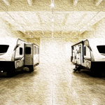 Shoppers comparing RVs on a show floor at the Lansing RV and Boat Show.