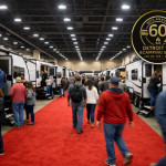 Indoor aisle at the Detroit RV & Camping Show 2026 at Suburban Collection Showplace in Novi, Michigan.
