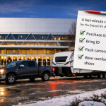 Winter evening arrival at an RV show venue in Novi, Michigan with a pickup and travel trailer.