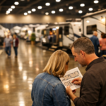 Couples comparing RVs on the convention floor at the Battle Creek RV & Camping Show 2026 at Kellogg Arena