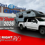 Flint RV Show 2026 graphic with Dort Financial Center and Palomino truck camper, Price Right RV.