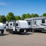 Different size campers lined up at a Michigan RV dealership