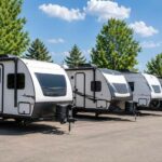 Lightweight campers near Rochester Hills lined up at a Michigan RV dealership