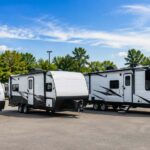 RV shopping near Lansing with campers lined up at a Michigan dealership